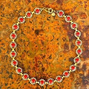 J Crew Crystal Orange Bubble Stone Burst Statement Necklace Antique Gold 18”